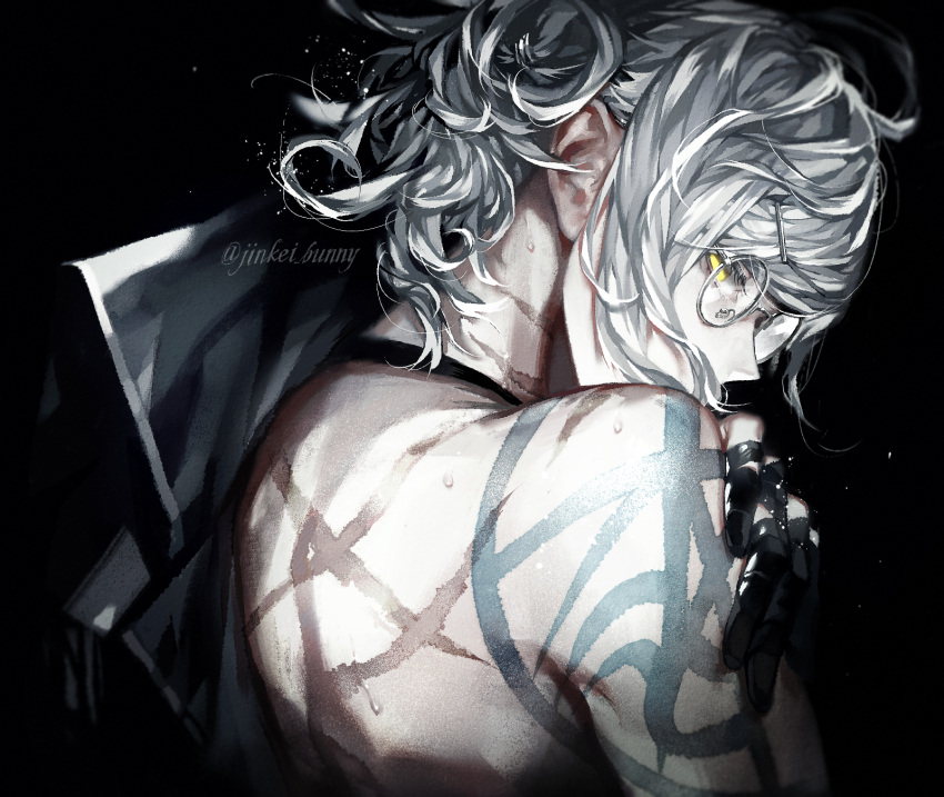 1boy bandaged_hand bandages edmond_dantes_(fate) fate/grand_order fate_(series) from_behind highres koshika_rina long_hair male_focus profile scar scar_on_back scar_on_neck shoulder_tattoo silver_hair solo tattoo wavy_hair white_hair yellow_eyes