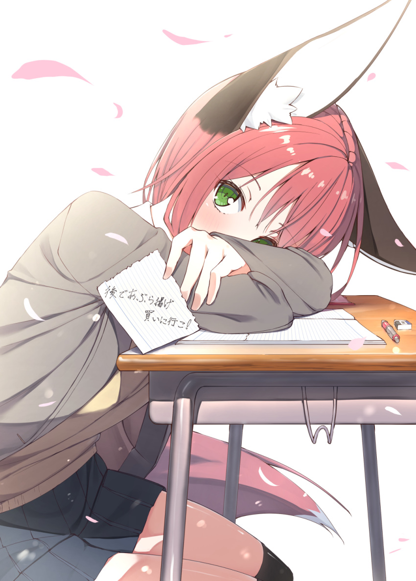 1girl animal_ear_fluff animal_ears bangs black_legwear black_skirt commentary desk eyebrows_visible_through_hair fox_ears fox_girl green_eyes highres looking_at_viewer medium_hair miniskirt note original pleated_skirt redhead school_desk shiro_youduki showing simple_background sitting skirt solo tail translation_request white_background