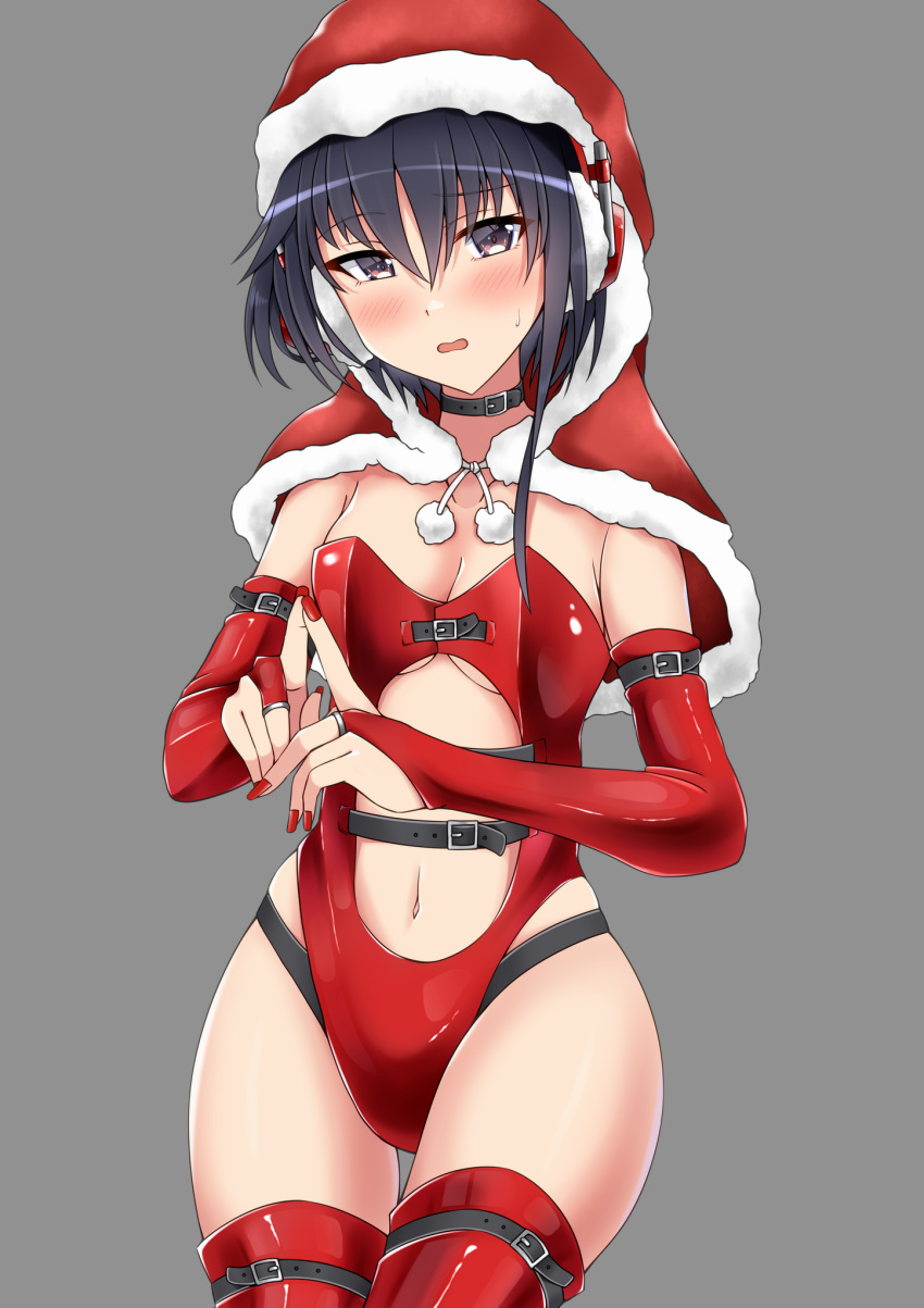 1girl asymmetrical_hair black_hair breasts bridal_gauntlets brown_eyes capelet christmas clothing_cutout earmuffs elbow_gloves fur-trimmed_capelet fur_trim gloves hair_between_eyes headphones highres hood hooded_capelet i-13_(kancolle) kantai_collection leotard navel navel_cutout otobi red_capelet red_gloves red_legwear red_leotard short_hair small_breasts solo thigh-highs