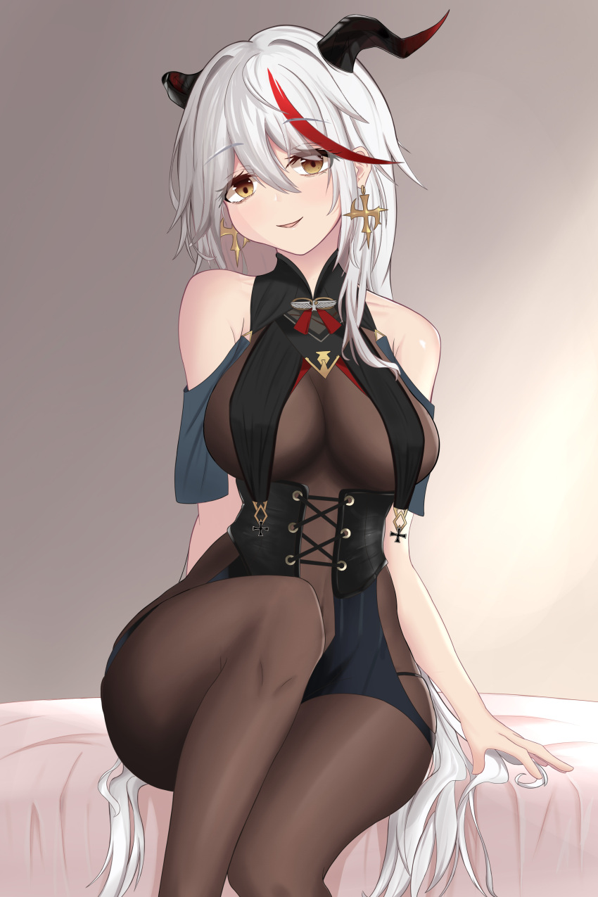 1girl absurdres aegir_(azur_lane) azur_lane black_bodysuit blush bodysuit breast_curtains breasts brown_eyes chinese_commentary corset covered_navel cross cross_earrings curvy demon_horns earrings english_commentary eyebrows_visible_through_hair feet_out_of_frame hair_between_eyes hair_intakes highres horns iron_cross jewelry large_breasts long_hair looking_at_viewer mixed-language_commentary multicolored_hair on_bed parted_lips qingshuisi_yu_ji redhead silver_hair sitting skin_tight sleeveless smile solo streaked_hair two-tone_hair underbust very_long_hair
