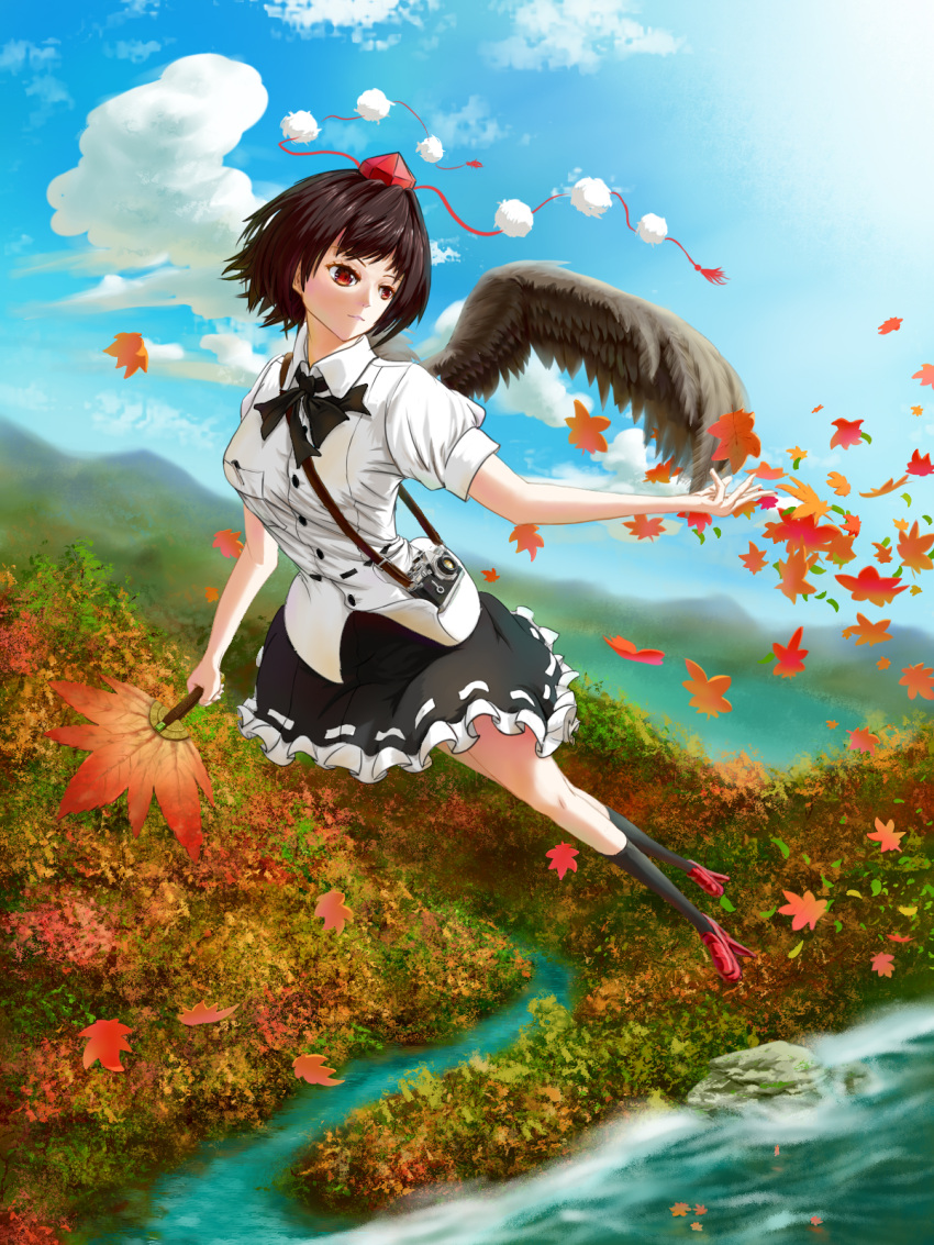 1girl autumn_leaves black_legwear black_neckerchief black_skirt black_wings blue_sky breasts brown_hair camera_around_neck collared_shirt dress_shirt fasnakegod feathered_wings foreshortening frilled_skirt frills geta hat hauchiwa highres holding medium_breasts mountainous_horizon neckerchief outdoors outstretched_arm outstretched_hand pen_in_pocket pom_pom_(clothes) print_shirt puffy_short_sleeves puffy_sleeves red_eyes red_footwear red_headwear red_tassel ribbon-trimmed_skirt ribbon_trim shameimaru_aya shirt short_sleeves skirt sky socks solo tengu-geta tokin_hat touhou white_shirt wings