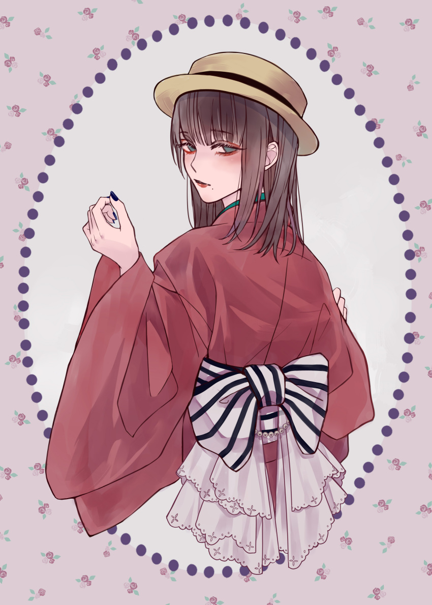 1girl absurdres blue_eyes blue_nails boater_hat bow brown_hair floral_background framed from_behind hands_up highres japanese_clothes kimono looking_at_viewer looking_back medium_hair mole mole_under_mouth nail_polish original ribbon siratama_o striped