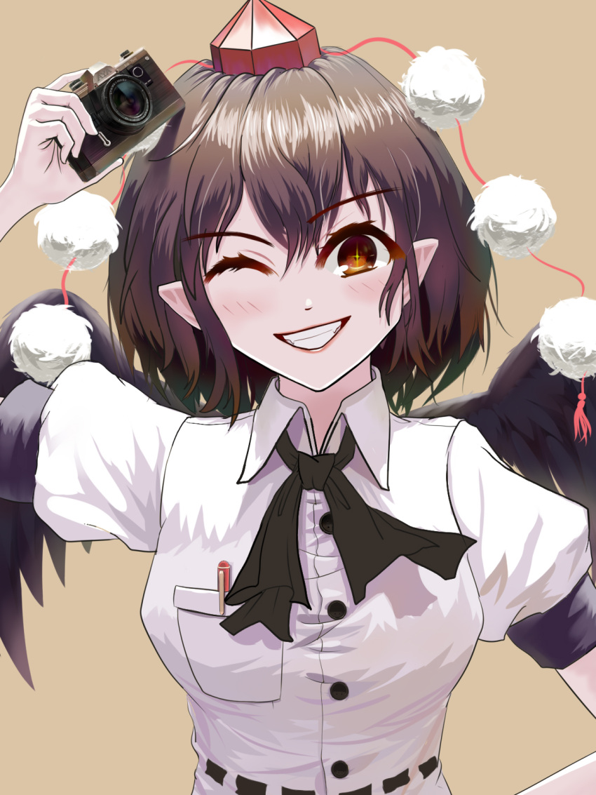 1girl :d black_neckerchief black_wings blush breasts brown_eyes brown_hair buttons camera collared_shirt dress_shirt eyebrows_visible_through_hair fasnakegod feathered_wings hair_between_eyes hat highres holding holding_camera looking_at_viewer medium_breasts neckerchief one_eye_closed pen_in_pocket pointy_ears pom_pom_(clothes) puffy_short_sleeves puffy_sleeves red_headwear red_tassel shameimaru_aya shirt short_hair short_sleeves smile solo tokin_hat touhou upper_body white_shirt wings