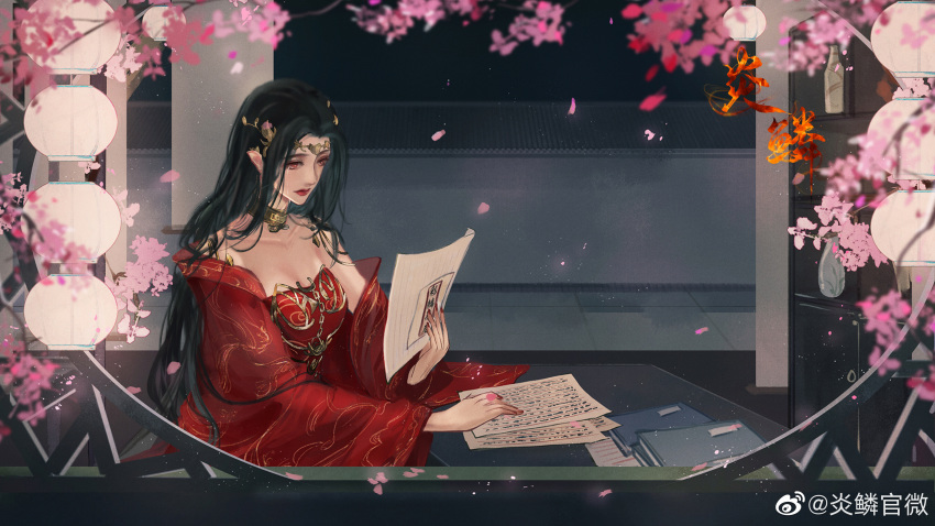 1girl absurdres black_hair book cai_lin_(doupo_cangqiong) china_dress chinese_clothes crying doupo_cangqiong doupo_cangqiong_yan_lin_guan_wei dress highres lantern leaf letter night night_sky pointy_ears red_dress sky