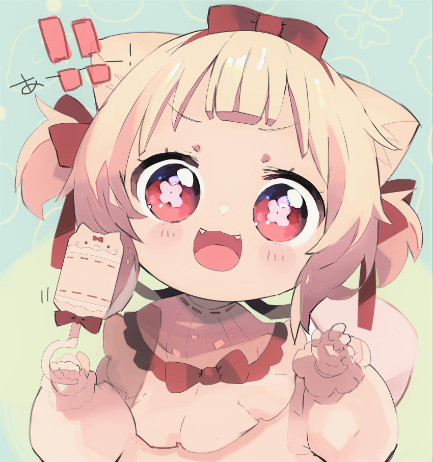 ! !! 1girl :3 :d absurdres amai_hiyo amai_hiyo_channel animal_ears bangs blonde_hair blunt_bangs bow cat_ears cat_girl child commentary eyelashes fangs hair_bow hair_ribbon highres holding indie_virtual_youtuber long_sleeves looking_at_viewer megaron open_mouth puffy_long_sleeves puffy_sleeves rattle red_eyes ribbon short_hair short_twintails smile solo symbol-shaped_pupils twintails upper_body virtual_youtuber