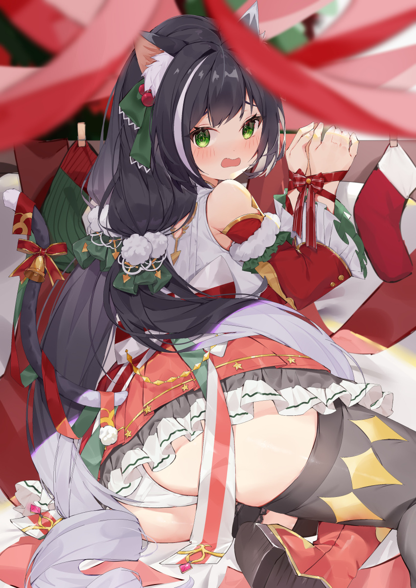 1girl absurdres animal_ears ass bangs bell black_hair blush boots bound bound_wrists christmas dress embarrassed from_behind green_eyes highres karyl_(princess_connect!) long_hair looking_at_viewer lying on_side open_mouth panties princess_connect! ribbon solo tail thigh-highs tied_hair underwear yuia