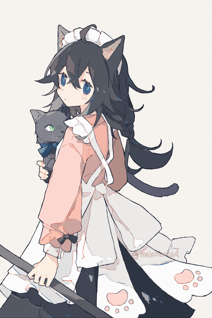 1girl :3 :| ahoge animal animal_ear_fluff animal_ears apron arm_at_side back_bow bangs beige_background black_bow black_cat black_hair blue_bow blue_eyes blue_pupils blush bow braid bright_pupils cat cat_ears closed_mouth crossed_bangs dot_nose expressionless feet_out_of_frame frilled_apron frilled_hairband frills from_behind from_side hair_between_eyes hairband hand_up highres holding holding_animal holding_cat long_hair long_sleeves looking_at_viewer looking_back looking_to_the_side low_braid maid maid_apron maid_headdress melan_(melanbread) melanbread original paw_print puffy_long_sleeves puffy_sleeves sidelocks simple_background single_braid sleeve_bow sleeve_cuffs solo standing tareme twitter_username white_apron white_bow white_hairband