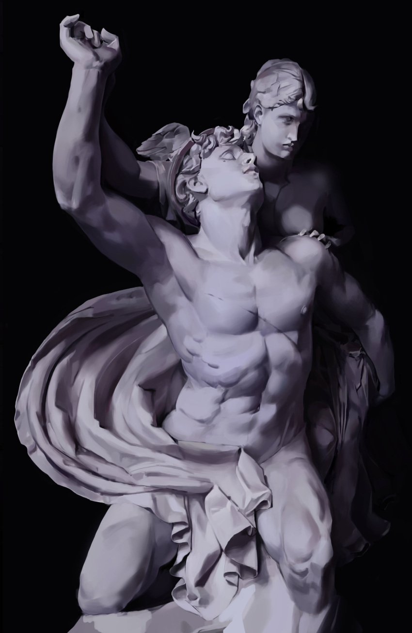 1boy 1girl abs absurdres angel arm_up armpits black_background closed_mouth convenient_censoring hand_on_another's_shoulder highres hiki_niito looking_at_another mini_wings muscular muscular_male navel nipples nude original scar scar_on_chest simple_background statue wings