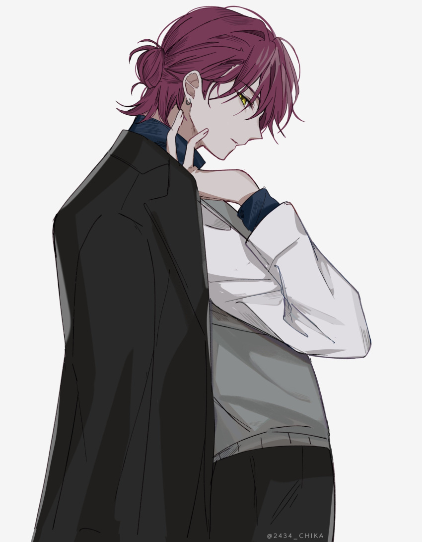 1boy absurdres alternate_costume black_jacket black_pants chika_(2343_chika) from_side grey_background grey_vest ha_yun hair_behind_ear hair_bun highres holding holding_clothes holding_jacket jacket leaning_back male_focus nijisanji nijisanji_kr pants redhead shirt solo twitter_username vest virtual_youtuber white_shirt yellow_eyes