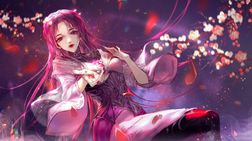 1girl china_dress chinese_clothes dress expressionless highres long_hair looking_at_viewer needle purple_hair qin_shi_ming_yue thigh-highs violet_eyes zi_nu_(qin_shi_ming_yue) zi_nu_zhuye_jun