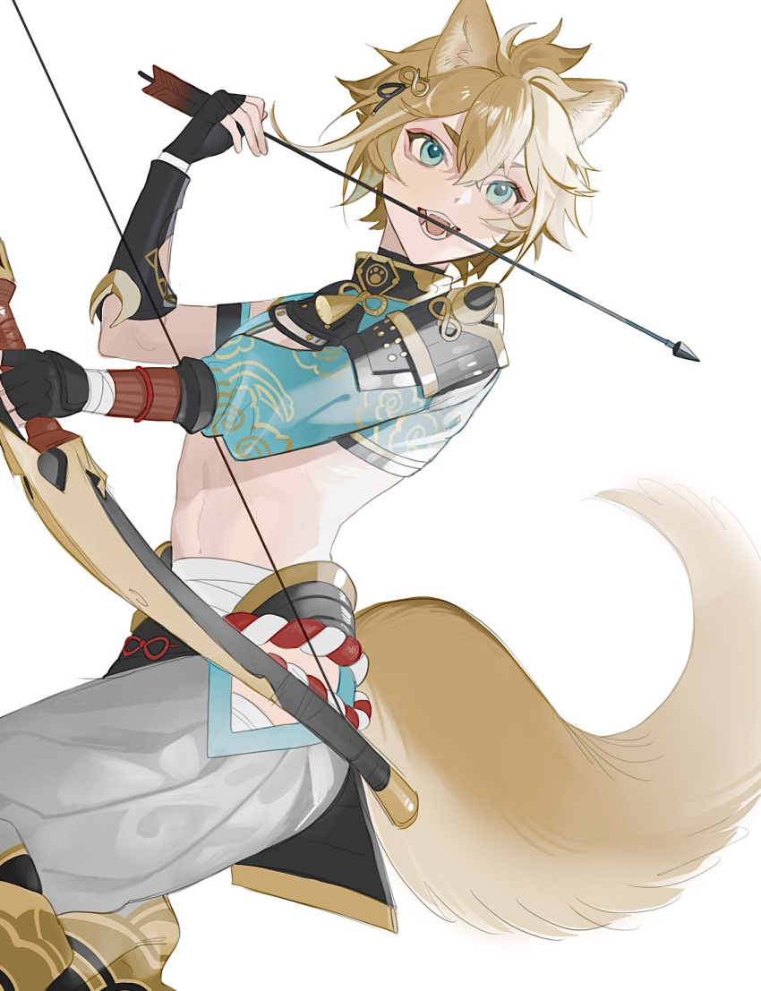 1boy animal_ear_fluff animal_ears aqua_hair armor arrow_(projectile) bandages black_gloves blonde_hair bow_(weapon) dog_boy dog_ears dog_tail ears eyeshadow fangs fingerless_gloves genshin_impact gloves gorou_(genshin_impact) hair_between_eyes hair_ornament highres holding holding_arrow holding_bow_(weapon) holding_weapon kushami_deso makeup male_focus navel open_mouth patterned patterned_clothing pauldrons paw_print pink_eyeshadow rope_belt shoulder_armor simple_background solo tail tongue vambraces weapon white_background