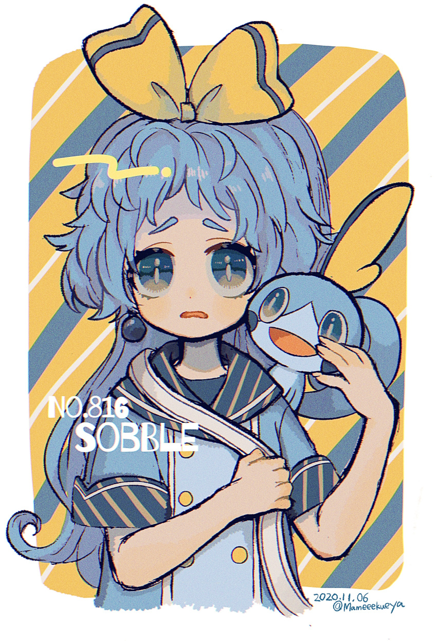 1girl absurdres artist_name blue_eyes blue_hair bow character_name earrings eyebrows hair_bow highres jewelry long_hair looking_at_viewer mameeekueya messy_hair parted_lips personification pokemon pokemon_(creature) ponytail short_sleeves sobble twitter_username upper_body yellow_bow