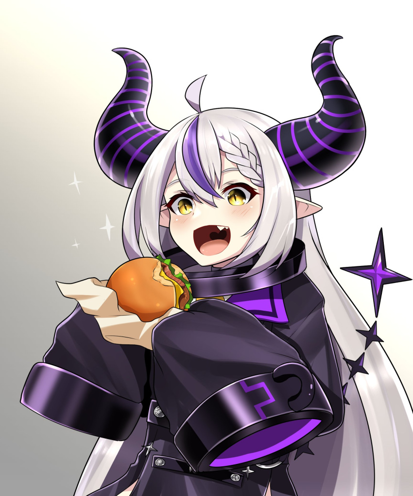1girl ahoge altronage black_jacket braid burger demon_girl eating fang food highres hololive holox horns jacket la+_darknesss long_hair multicolored_hair oversized_clothes pointy_ears sparkle streaked_hair striped_horns white_hair yellow_eyes