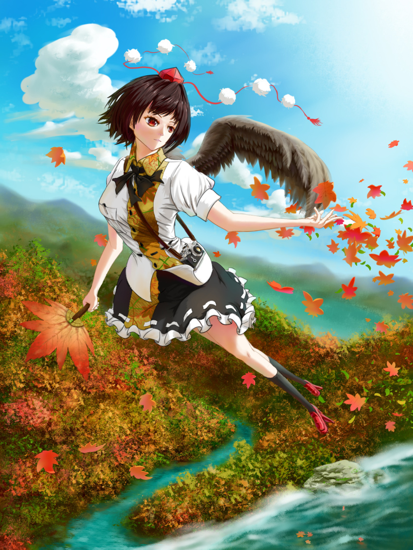 1girl autumn_leaves black_legwear black_neckerchief black_skirt black_wings blue_sky breasts brown_hair camera_around_neck collared_shirt dress_shirt fasnakegod feathered_wings foreshortening frilled_skirt frills geta hat hauchiwa highres holding medium_breasts mountainous_horizon neckerchief outdoors outstretched_arm outstretched_hand pen_in_pocket pom_pom_(clothes) print_shirt puffy_short_sleeves puffy_sleeves red_eyes red_footwear red_headwear red_tassel ribbon-trimmed_skirt ribbon_trim shameimaru_aya shirt short_sleeves skirt sky socks solo tengu-geta tokin_hat touhou white_shirt wings