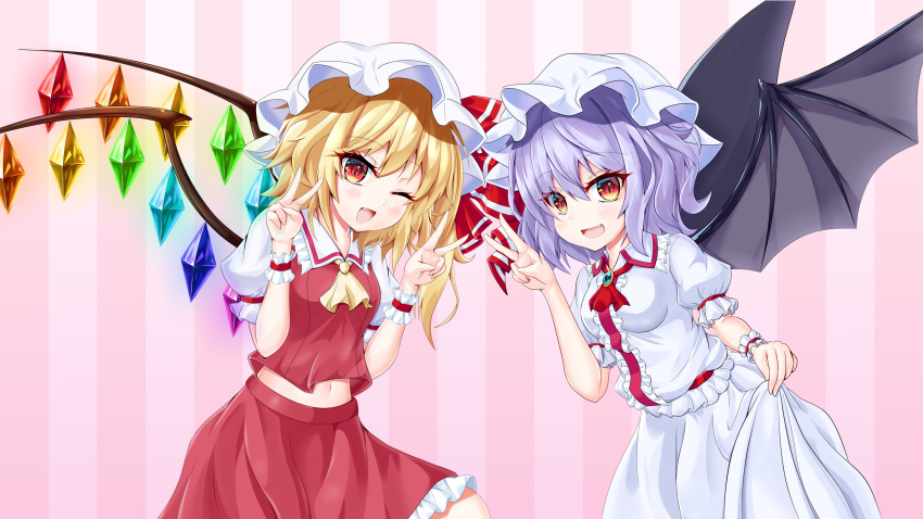 2girls :d absurdres ascot bat_wings black_wings blonde_hair blue_brooch breasts center_frills collared_shirt cowboy_shot crystal double_v eyebrows_visible_through_hair fang flandre_scarlet frilled_shirt frilled_shirt_collar frilled_skirt frills hair_between_eyes hat hat_ribbon highres leaning_forward medium_breasts medium_hair midriff mob_cap multiple_girls navel one_eye_closed open_mouth puffy_short_sleeves puffy_sleeves purple_hair rainbow red_ascot red_eyes red_ribbon red_shirt red_skirt remilia_scarlet ribbon s_vileblood shirt short_sleeves side_ponytail skirt skirt_hold small_breasts smile striped striped_background touhou v vertical_stripes white_headwear white_shirt white_skirt white_sleeves wings wrist_cuffs yellow_ascot