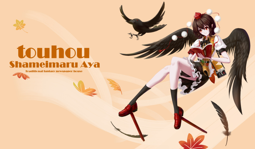 1girl animal autumn_leaves belt bird black_belt black_bow black_bowtie black_feathers black_legwear black_skirt black_wings blush book bow bowtie brown_hair camera_around_neck character_name closed_mouth crow english_text fasnakegod feathered_wings frilled_skirt frills geta hat hauchiwa highres holding holding_book holding_pen leaf_print open_book pen pom_pom_(clothes) print_shirt puffy_short_sleeves puffy_sleeves red_armband red_eyes red_footwear red_headwear red_tassel shameimaru_aya shirt short_sleeves skirt smile solo tengu-geta tokin_hat touhou white_shirt wings writing