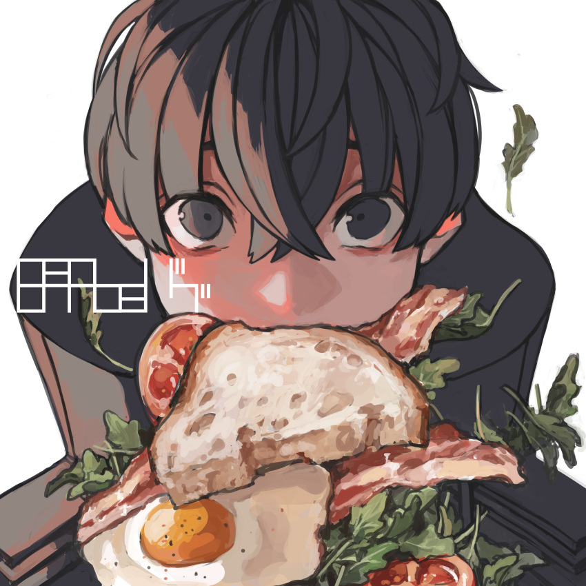 1boy absurdres bacon bangs black_coat black_eyes black_hair coat eating fatalbug896 food food_in_mouth hair_between_eyes high_collar highres looking_at_viewer male_focus original portrait sandwich short_hair signature simple_background solo sunny_side_up_egg tomato_slice turtleneck watermark white_background