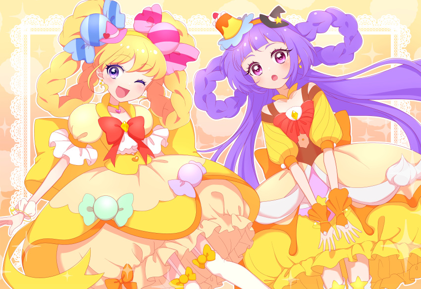 2girls :o ;d absurdres asahina_mirai back_bow black_headwear blonde_hair blush bow braid brooch bubble_skirt buttons cake_hair_ornament candy_hair_ornament chaka_(chaka3o3) choker cowboy_shot cure_magical cure_miracle dress earrings food-themed_clothes food-themed_hair_ornament food-themed_ornament frilled_dress frills gradient gradient_background hair_ornament hair_rings hairband hat heart heart_button heart_choker highres huge_bow izayoi_liko jewelry lace_background long_hair looking_at_viewer magical_girl mahou_girls_precure! medium_hair mini_hat mini_witch_hat multiple_girls one_eye_closed open_mouth orange_background orange_bow orange_hairband pink_headwear precure puffy_sleeves purple_hair red_bow skirt smile star_(symbol) thigh-highs thigh_strap topaz_style twin_braids violet_eyes white_legwear witch_hat wrist_cuffs yellow_background yellow_bow yellow_choker yellow_dress yellow_hairband yellow_theme
