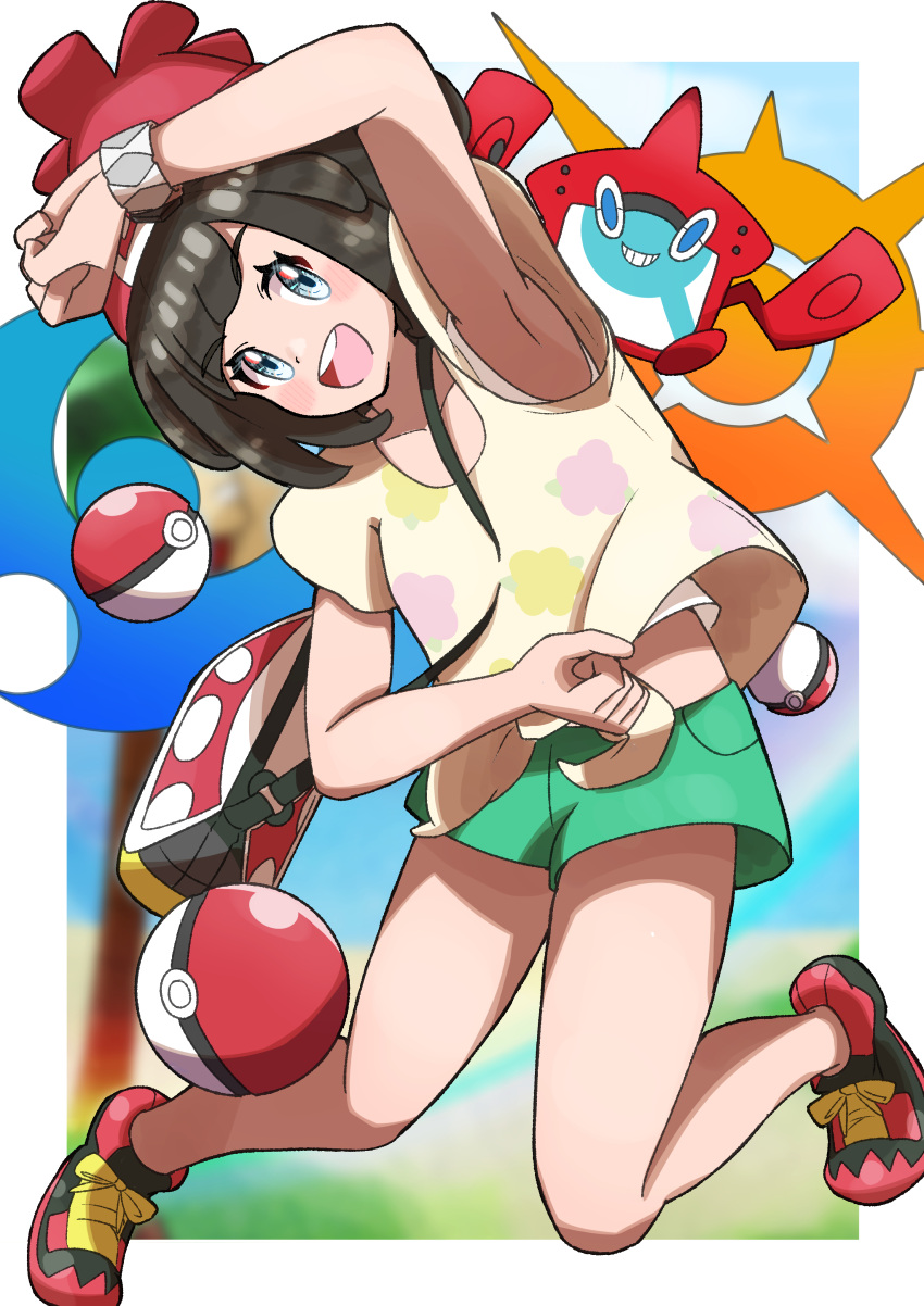 1girl :d absurdres bangs bare_legs beanie blush bracelet commentary_request eyelashes floral_print green_shorts grey_eyes hat highres jewelry open_mouth poke_ball poke_ball_(basic) pokemon pokemon_(game) pokemon_sm pose red_headwear rotom rotom_dex selene_(pokemon) shirt shoes short_shorts short_sleeves shorts smile sneakers t-shirt teeth tied_shirt tongue upper_teeth z-ring