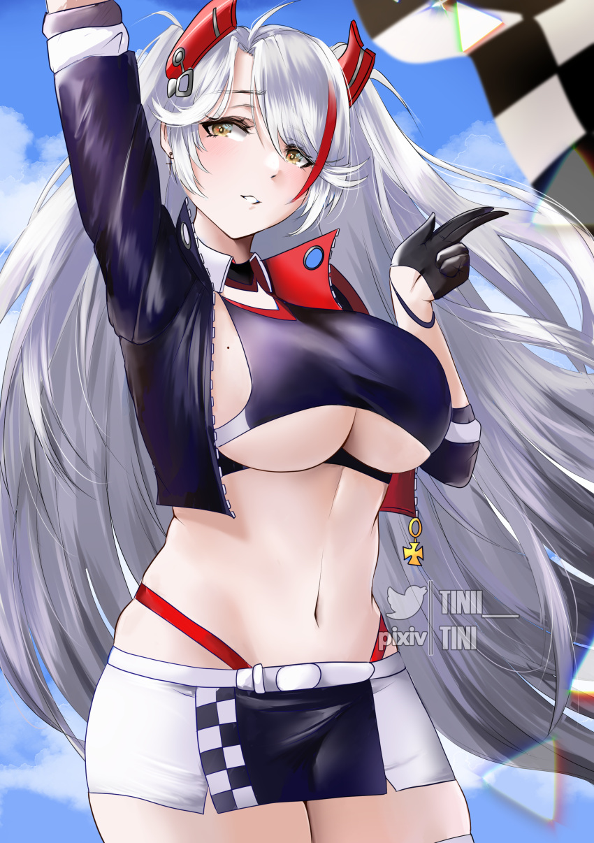 1girl absurdres arm_up artist_name azur_lane belt black_gloves breasts checkered_flag clothing_cutout cropped_shirt cross cross_earrings earrings flag gloves half_gloves headgear highres jacket jewelry large_breasts long_hair microskirt mole mole_on_breast multicolored_hair navel official_alternate_costume open_clothes open_jacket panties panty_straps prinz_eugen_(azur_lane) prinz_eugen_(final_lap)_(azur_lane) purple_jacket purple_skirt racequeen red_panties redhead skirt solo streaked_hair tini two-tone_hair two-tone_skirt under_boob underboob_cutout underwear white_belt white_hair white_skirt yellow_eyes zipper
