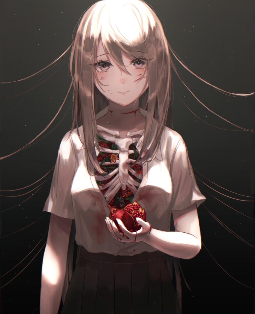 1girl arm_at_side bangs black_background bleeding blonde_hair blood blood_on_clothes blood_on_face blood_on_hands blush breasts buttons closed_mouth collarbone collared_shirt commentary_request crying crying_with_eyes_open eyelashes false_smile flower food fruit green_skirt highres holding holding_food holding_fruit injury large_breasts lips long_hair looking_at_viewer lucy_(rusi-juren328) open_clothes open_shirt original pleated_skirt pomegranate scar shirt short_sleeves sidelocks simple_background skeleton skirt slit_throat smile standing symbolism tears upper_body violet_eyes wing_collar yellow_flower