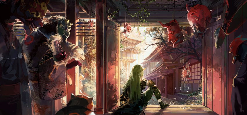 1girl animal ankle_boots architecture arknights artist_name black_coat blinds boots building clothed_animal coat day east_asian_architecture facing_away fox_mask from_behind green_footwear green_hair green_pants highres horns hoshiguma_(arknights) indoors japanese_clothes kimono long_hair long_sleeves mask mask_removed monster on_floor oni_horns oni_mask open_door pants plant single_horn sitting solo_focus standing tree vines wide_sleeves wolf yingzi