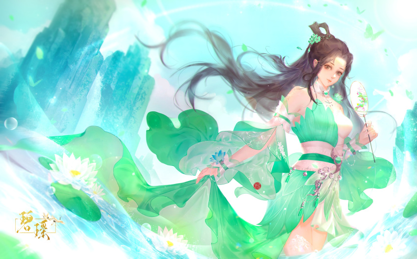 1girl absurdres baiguio_(zhu_xian) bi_yao_zhuye blue_sky bug butterfly china_dress chinese_clothes dress hair_ornament hair_rings highres holding holding_clothes holding_skirt long_hair mountain skirt sky water waves zhu_xian