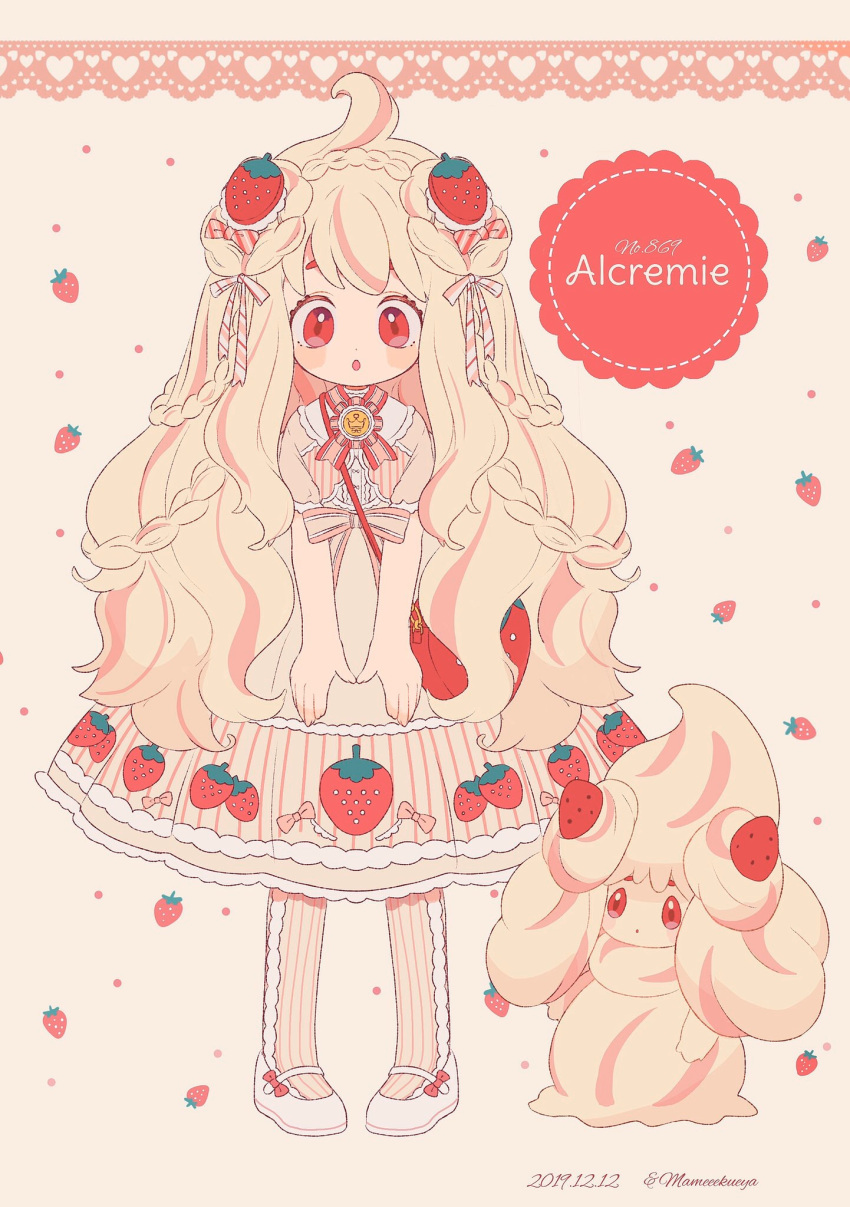 1girl alcremie alcremie_(strawberry_sweet) alcremie_(vanilla_cream) bangs blonde_hair bow character_name creature_and_personification dated dress food fruit full_body heart highres looking_at_viewer mameeekueya personification pink_bow poke_ball poke_ball_(basic) pokedex_number pokemon pokemon_(creature) red_eyes short_sleeves standing strawberry striped striped_legwear twitter_username white_dress white_footwear