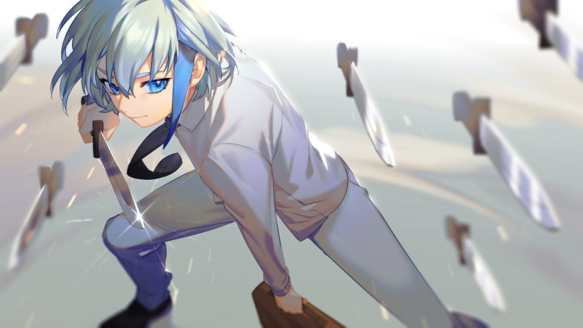 1boy aqua_hair bangs black_necktie blue_eyes blue_hair blurry bob_cut briefcase collared_shirt depth_of_field fighting_stance floating floating_object floating_weapon from_above highres holding holding_briefcase holding_sword holding_weapon khun_aguero_agnis legs_apart long_sleeves looking_at_viewer male_focus multicolored_hair necktie oystermiao pants shirt shoes short_sword silver_hair smile solo squatting standing streaked_hair sword tower_of_god weapon white_pants white_shirt