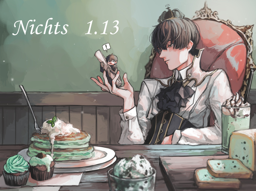 ! 2boys absurdres bangs black_coat black_corset black_hair black_jabot cake cake_slice chair coat collar collared_shirt corset crown cup cupcake cutting_board dress_shirt drinking_glass drinking_straw fatalbug896 food fork german_text hair_between_eyes hand_up highres holding holding_paper holding_person ice_cream indoors jabot long_sleeves looking_at_another male_focus miniboy multiple_boys original pancake paper plate profile shirt short_hair sitting sleeves_past_fingers sleeves_past_wrists speech_bubble spoken_exclamation_mark table whipped_cream