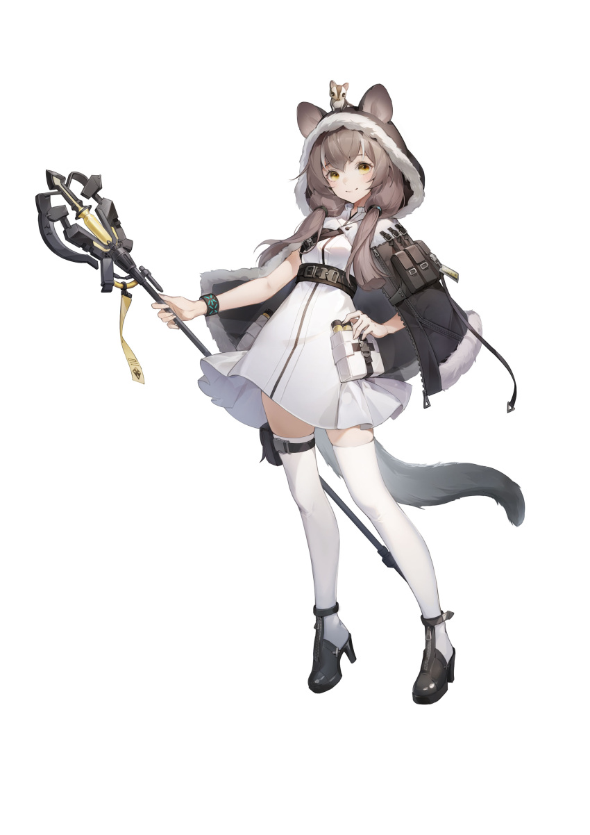1girl absurdres animal_ears animal_on_head arknights bangs black_capelet black_footwear breasts brown_eyes brown_hair capelet closed_mouth commentary_request dress ears_through_headwear eyebrows_visible_through_hair fur-trimmed_capelet fur-trimmed_hood fur_trim hair_over_shoulder high_heels highres holding holding_staff honeyberry_(arknights) hongshao_erduo hood hood_up hooded_capelet long_hair low_twintails on_head shoes simple_background small_breasts smile solo staff standing tail thigh-highs twintails white_background white_dress white_legwear