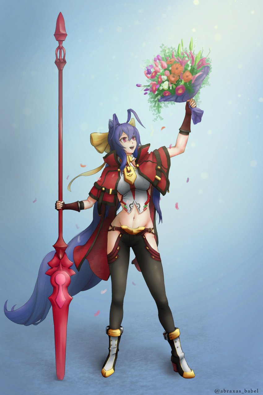 1girl absurdres antenna_hair babel_abraxas backless_outfit black_pants blazblue blue_background blue_hair boots bouquet bow breasts cloak halter_top halterneck highres holding holding_bouquet holding_weapon long_hair lowleg lowleg_pants magenta_eyes mai_natsume navel open_mouth outseal pants polearm red_cloak revealing_clothes smile spear stomach very_long_hair violet_eyes weapon yellow_bow