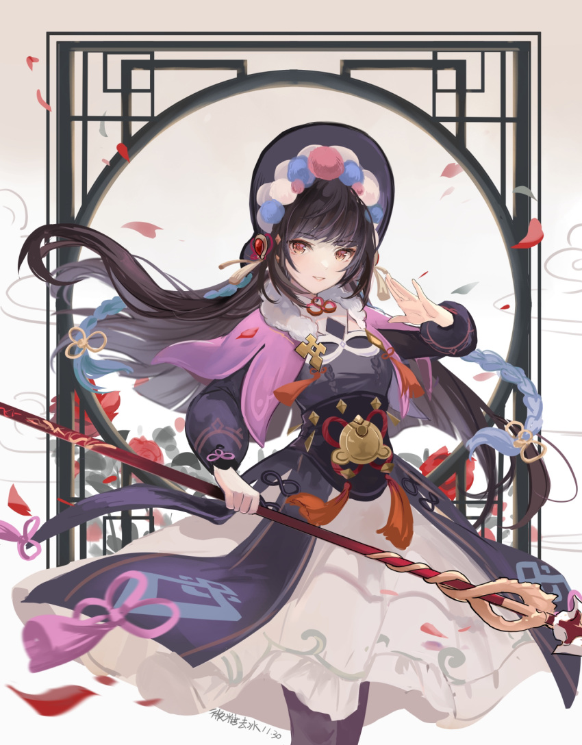 1girl bangs blunt_bangs dress eyebrows_visible_through_hair genshin_impact gothic_lolita hand_up hat highres hime_cut holding holding_weapon issign lolita_fashion long_hair long_sleeves looking_at_viewer pantyhose petals polearm purple_hair red_eyes smile solo weapon yunjin_(genshin_impact)