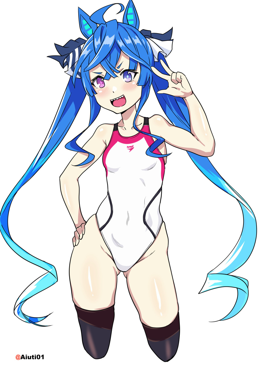 1girl @_@ absurdres ahoge aiuti animal_ears black_legwear blue_eyes blue_hair breasts commentary_request contrapposto crossed_legs heterochromia highres horse_ears horse_girl horse_tail long_hair looking_at_viewer sharp_teeth sidelocks simple_background small_breasts solo standing swimsuit tail teeth thigh-highs twin_turbo_(umamusume) twintails umamusume v violet_eyes white_background white_swimsuit