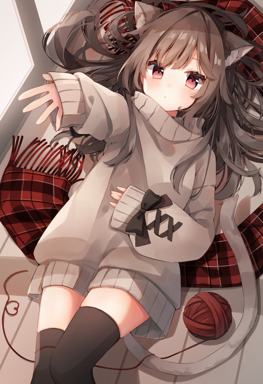 1girl animal_ear_fluff animal_ears bangs black_legwear blush brown_hair checkered_clothes checkered_scarf dress eyebrows_visible_through_hair grey_hair heripiro highres long_hair looking_at_viewer lying on_back original reaching_out red_eyes scarf scarf_removed solo sweater sweater_dress tail thigh-highs