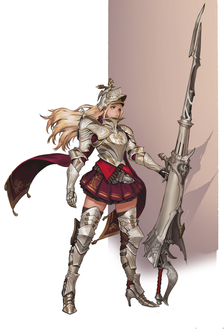 1girl absurdres armor armored_boots blonde_hair boots breastplate commentary_request gauntlets gunlance helmet high_heel_boots high_heels highres instant_ip lance long_hair original plate_armor polearm red_skirt shoulder_armor skirt solo standing thigh-highs thigh_boots two-tone_background weapon yellow_eyes