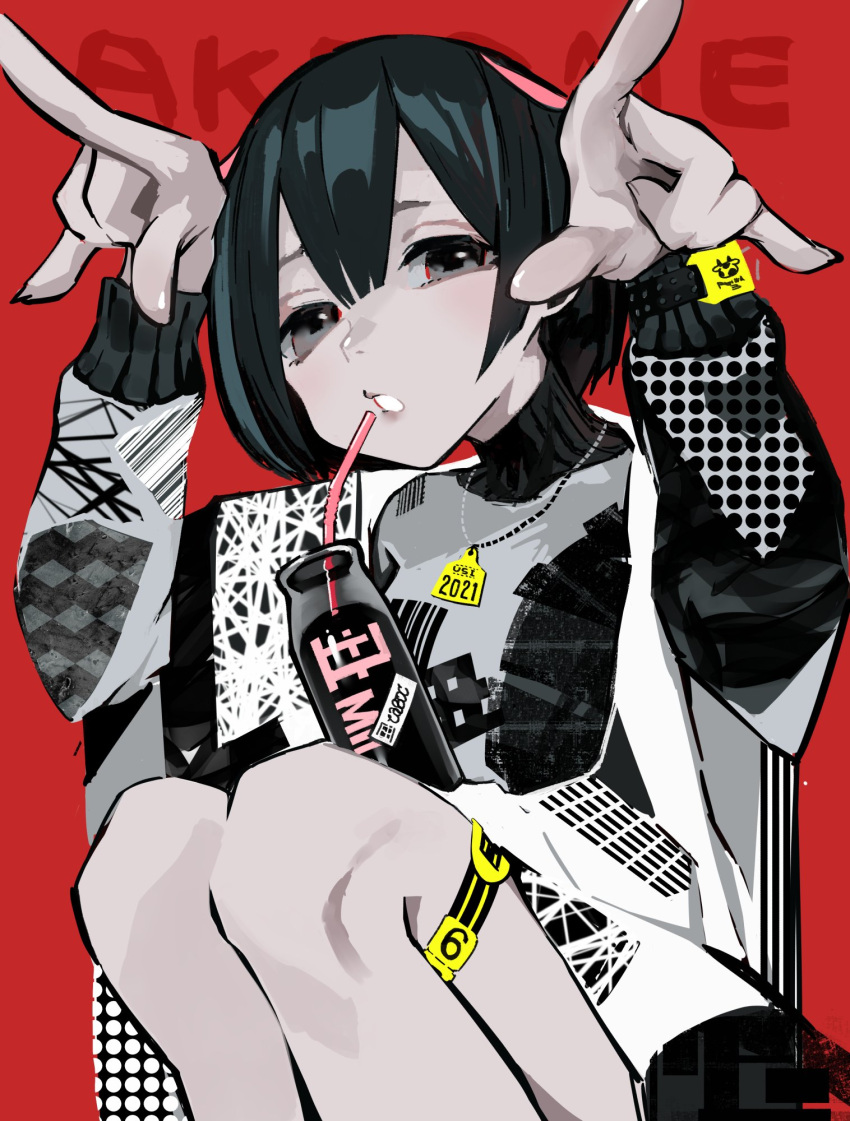 1girl black_hair bottle chinese_zodiac daydremec drinking_straw ear_tag fingernails glass_bottle grey_eyes grey_jacket hair_between_eyes highres jacket jewelry kneeling milk_bottle necklace open_mouth original patterned patterned_clothing red_background short_hair solo turtleneck year_of_the_ox