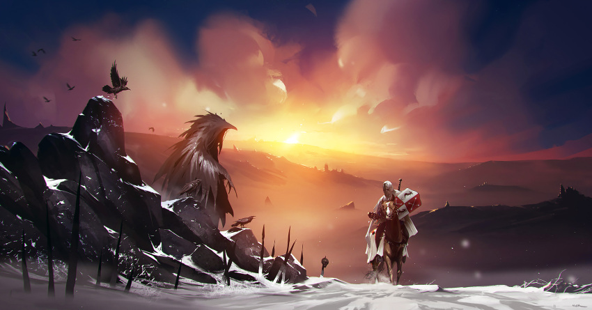 1other absurdres animal bird cape clouds commentary crow dragon_print english_commentary fog helm helmet highres holding holding_shield kalmahul knight original outdoors oversized_animal scenery shield signature skull snow sun sunset weapon weapon_on_back white_cape