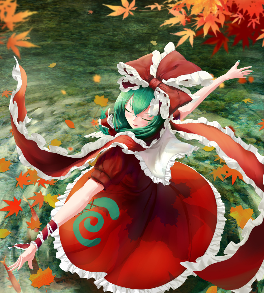 1girl absurdres autumn autumn_leaves blurry closed_eyes depth_of_field dress eyebrows_visible_through_hair fasnakegod frilled_dress frilled_ribbon frills from_above green_hair green_nails hair_between_eyes hair_ribbon highres kagiyama_hina nail_polish outdoors outstretched_arms print_dress puffy_short_sleeves puffy_sleeves red_dress red_ribbon ribbon scenery short_sleeves solo touhou water wrist_ribbon