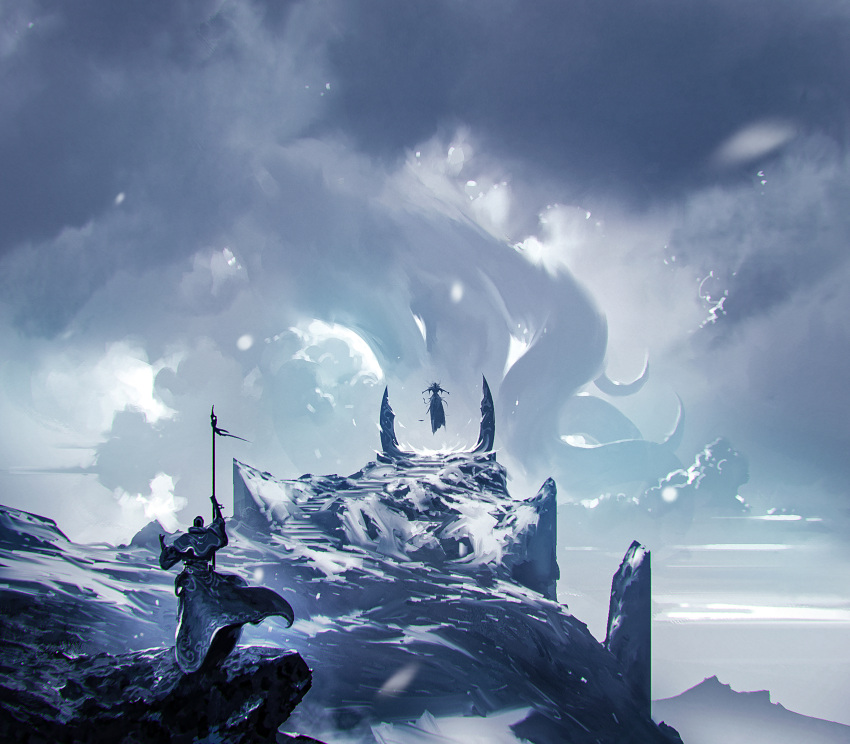 2others absurdres ambiguous_gender capelet clouds cloudy_sky commentary english_commentary floating from_behind giant giant_monster highres holding holding_staff kalmahul monster multiple_others original robe scenery sea_creature sky snow staff standing