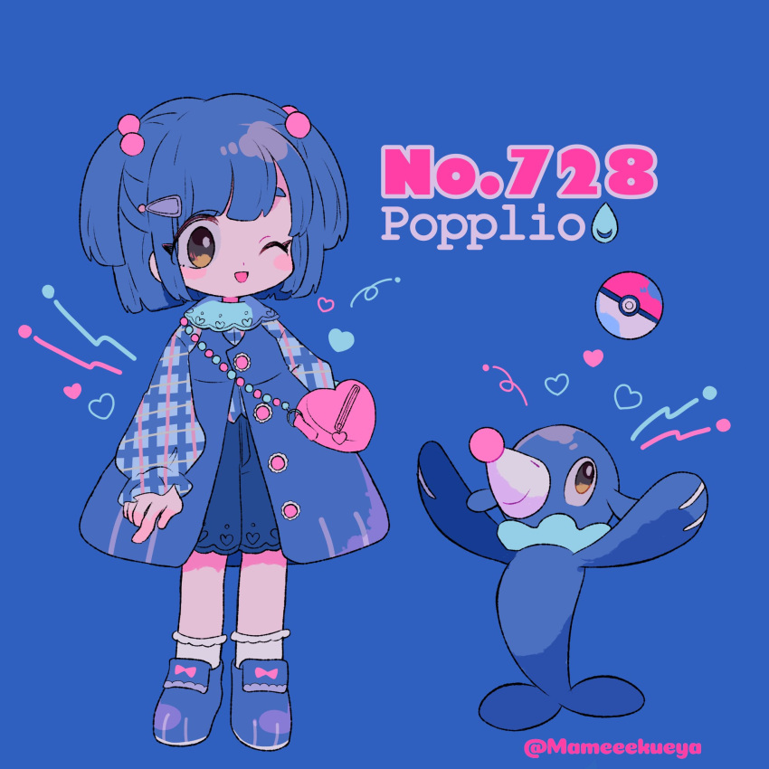 1girl bag blue_background blue_footwear blue_hair character_name creature_and_personification full_body hair_ornament hairclip heart highres long_sleeves mameeekueya one_eye_closed open_mouth personification poke_ball poke_ball_(basic) pokedex_number pokemon pokemon_(creature) popplio shoes short_hair shoulder_bag simple_background smile twitter_username
