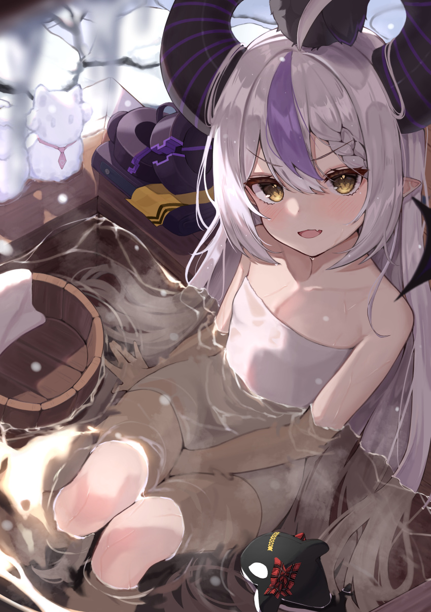 1girl absurdres bangs bathing blush commentary dutch_angle fang flat_chest folded_clothes from_above hair_between_eyes head_tilt highres hololive horns la+_darknesss looking_at_viewer multicolored_hair naked_towel onsen open_mouth pointy_ears pomp_(qhtjd0120) purple_hair silver_hair skin_fang smile snow snowing snowman solo streaked_hair towel v-shaped_eyebrows virtual_youtuber yellow_eyes