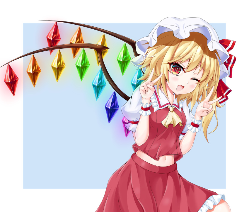 1girl :d ascot blonde_hair breasts collared_shirt cowboy_shot crystal double_v eyebrows_visible_through_hair fang flandre_scarlet frilled_shirt_collar frilled_skirt frills hat hat_ribbon highres medium_hair midriff mob_cap navel one_eye_closed open_mouth puffy_short_sleeves puffy_sleeves rainbow red_eyes red_ribbon red_shirt red_skirt ribbon s_vileblood shirt short_sleeves side_ponytail skirt small_breasts smile solo touhou v white_headwear white_sleeves wings wrist_cuffs yellow_ascot