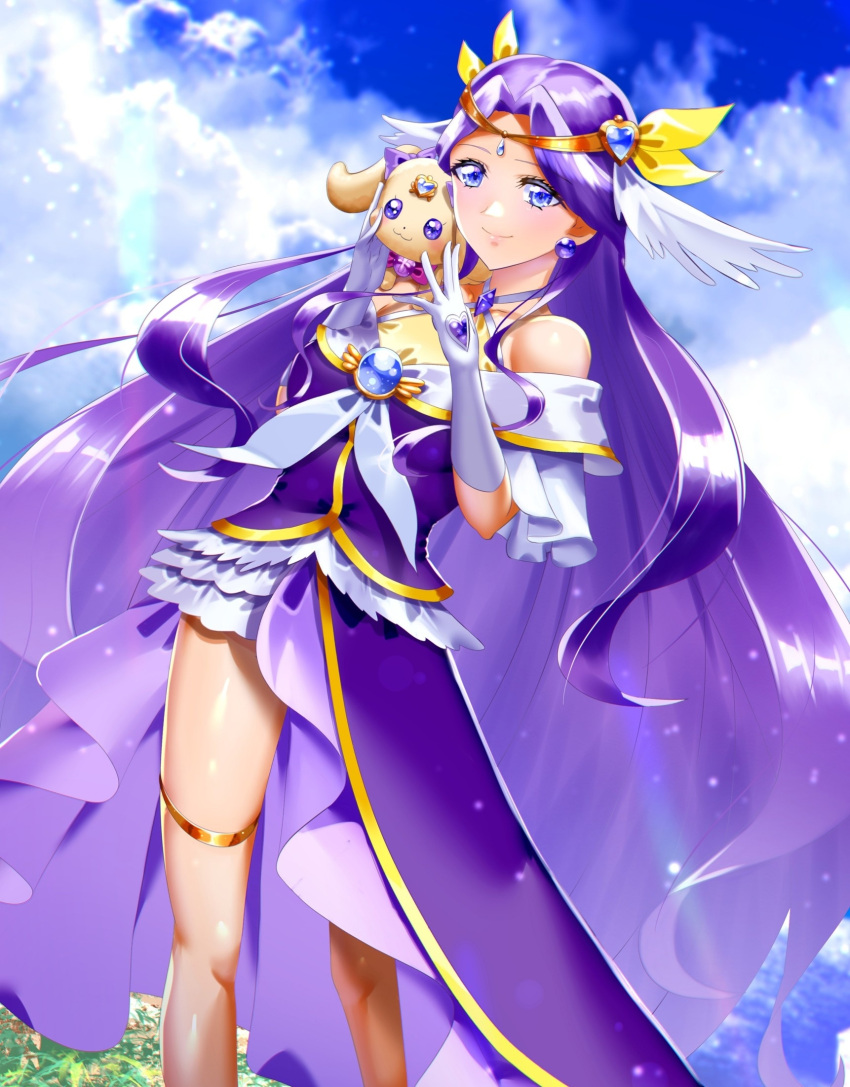 1girl bare_shoulders blue_sky breasts brooch clouds cloudy_sky cure_earth curecycadura day dog dress earrings elbow_gloves eyebrows forehead fuurin_asumi gloves grass healin'_good_precure healing_animal highres jewelry latte_(precure) lips looking_at_viewer medium_breasts necklace outdoors precure purple_dress purple_hair sky smile standing tiara violet_eyes white_gloves wristband