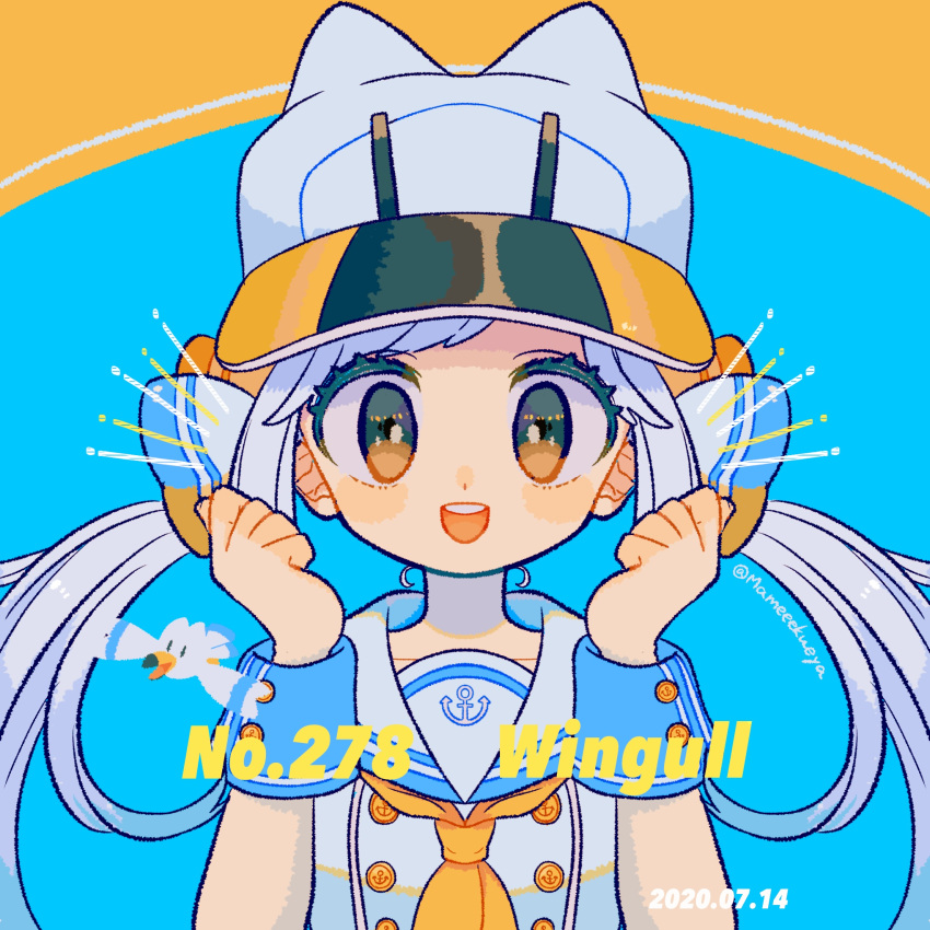 1girl bangs blush brown_eyes character_name dated eyebrows_visible_through_hair hat highres looking_at_viewer mameeekueya open_mouth personification pokemon pokemon_(creature) smile swept_bangs teeth twintails twitter_username upper_body upper_teeth white_hair white_headwear wingull wrist_cuffs