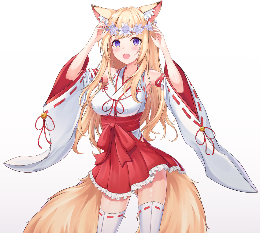 1girl absurdres animal_ear_fluff animal_ears armpits arms_up blonde_hair blue_eyes blush detached_sleeves fang flower fox_ears fox_girl fox_tail hakama hakama_skirt highres japanese_clothes long_hair miko ml04_(malang22) multiple_tails open_mouth original red_hakama red_skirt shirt simple_background skirt smile solo tail thigh-highs thighs white_background white_legwear white_shirt wreath