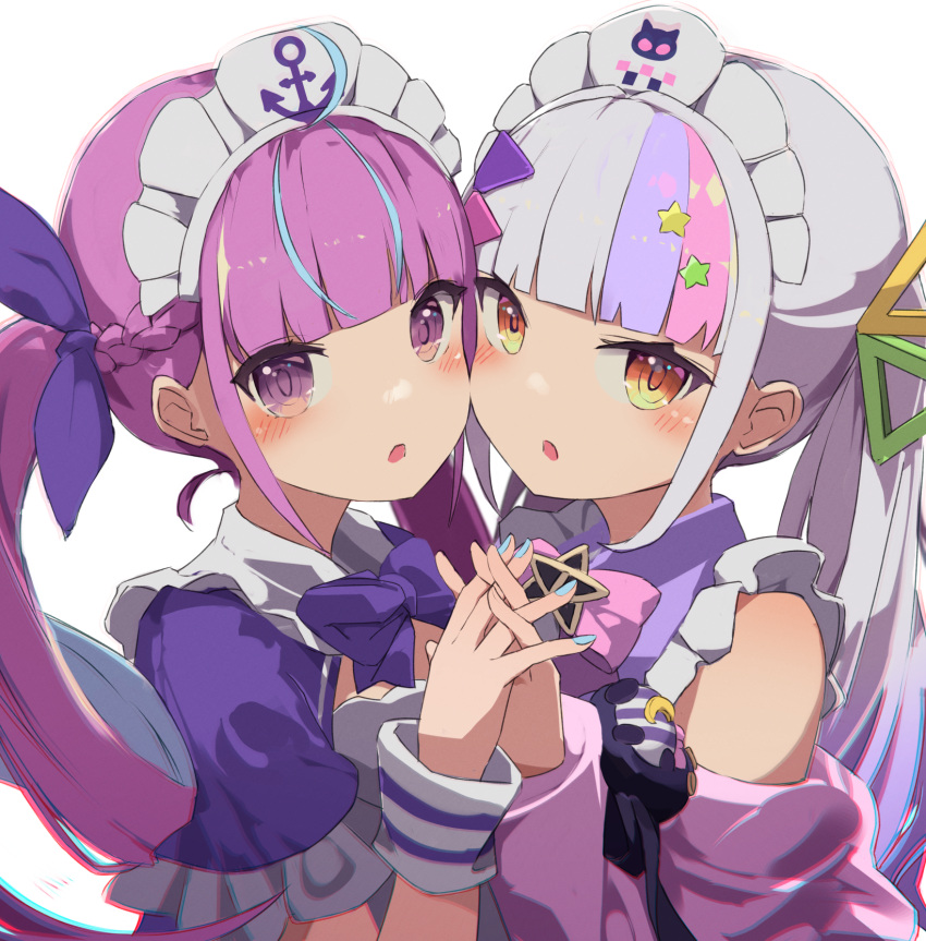 2girls :o ahoge bangs bare_shoulders blue_hair blue_nails blunt_bangs blush bow bowtie braid breasts chromatic_aberration colored_inner_hair commentary_request dress eyebrows_visible_through_hair hair_ornament hair_ribbon hat heads_together highres holding_hands hololive interlocked_fingers long_hair long_sleeves looking_at_viewer maid maid_headdress minato_aqua multicolored_hair multiple_girls murasaki_shion nail_polish open_mouth pink_bow pink_bowtie pink_hair purple_bow purple_bowtie purple_hair remini_(scenceremini) revision ribbon silver_hair simple_background small_breasts streaked_hair twintails two-tone_hair upper_body violet_eyes virtual_youtuber white_background wrist_cuffs yellow_eyes