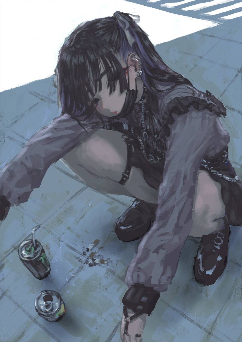 1girl bangs black_eyes black_hair can cigarette ear_piercing earrings eyeliner frills highres jewelry jon_taira long_hair looking_at_viewer makeup mask mask_pull mouth_mask original piercing purple_hair skirt solo spread_legs squatting thigh_strap two_side_up