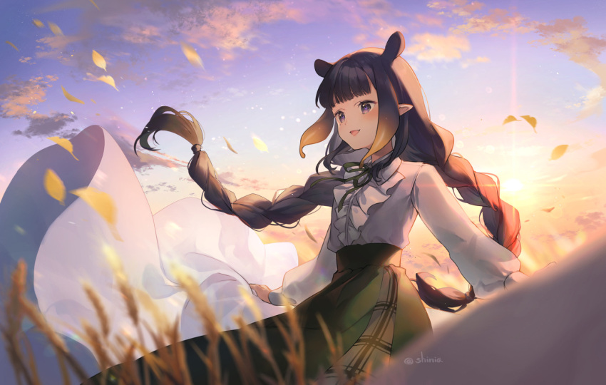 1girl :d bangs black_hair blue_sky blurry blurry_foreground braid brown_hair center_frills clouds commentary_request depth_of_field eyebrows_visible_through_hair frills gradient_hair green_skirt hololive hololive_english long_hair long_sleeves looking_away multicolored_hair ninomae_ina'nis outdoors pointy_ears puffy_long_sleeves puffy_sleeves shinia shirt skirt sky smile solo sunset twin_braids twintails very_long_hair violet_eyes virtual_youtuber white_shirt