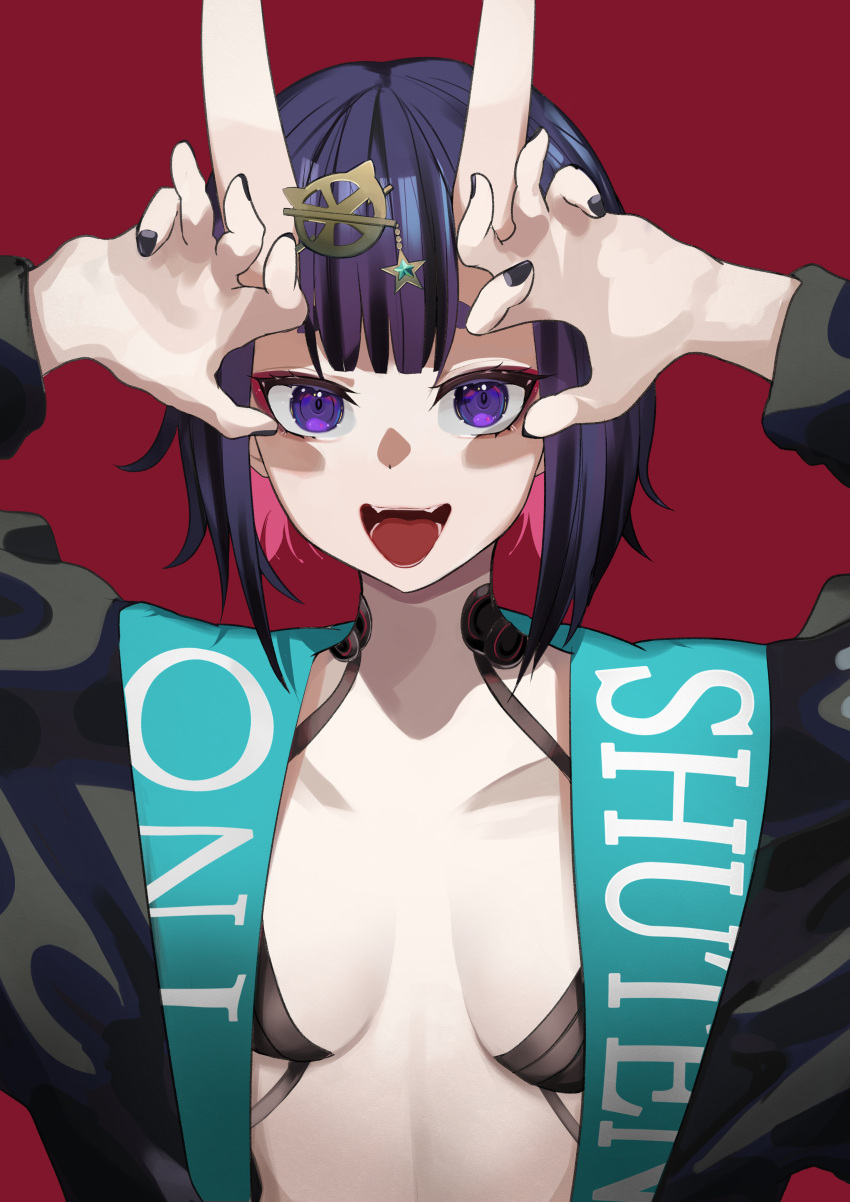 1girl absurdres bangs bob_cut breasts eyeliner fate/grand_order fate_(series) headpiece highres horns long_sleeves looking_at_viewer makeup oni oni_horns open_mouth purple_hair san_(harutuki_3) short_hair shuten_douji_(fate) skin-covered_horns small_breasts smile solo violet_eyes